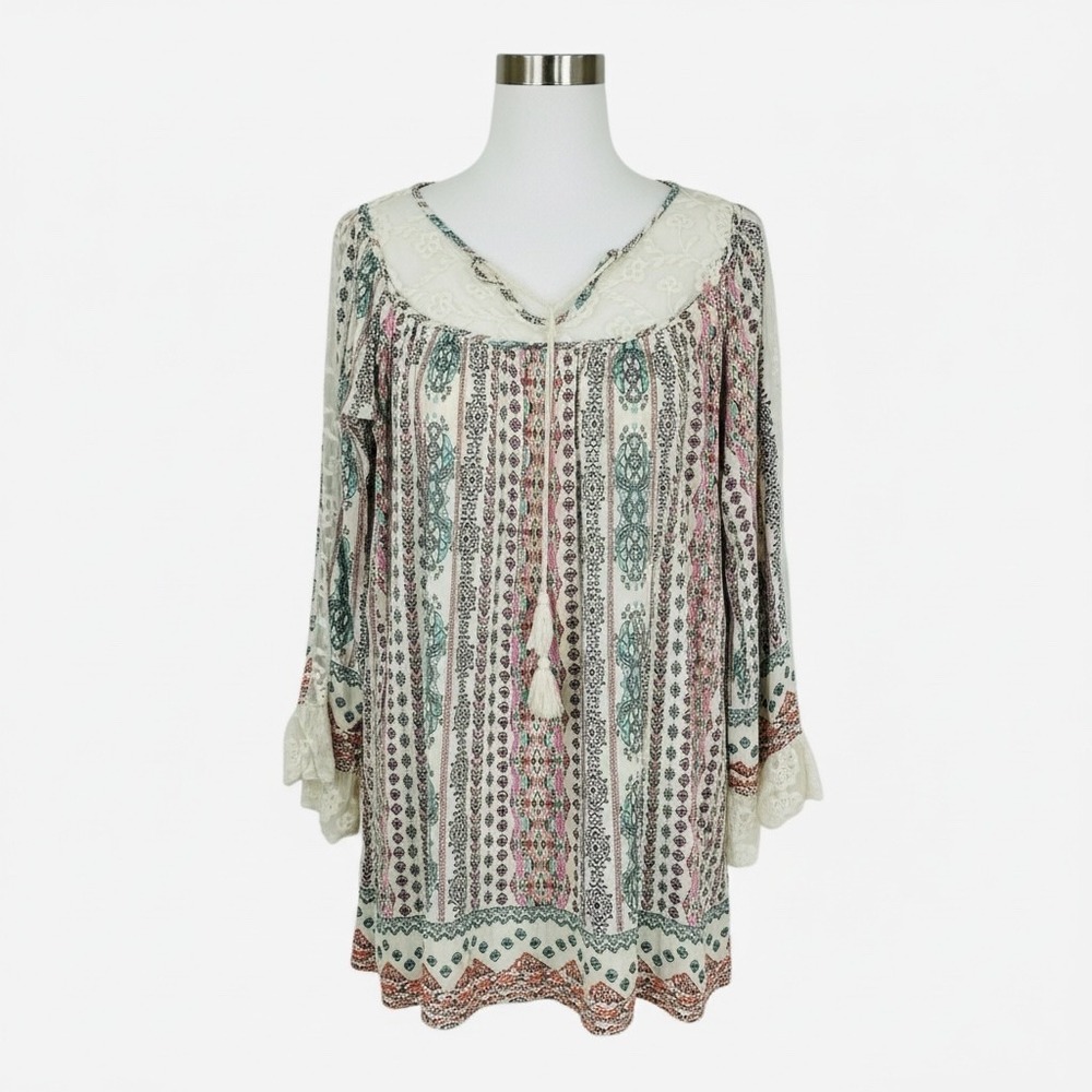 Kori America Boho Lace Tunic Top Tribal Print Bell Sleeve Cream Small